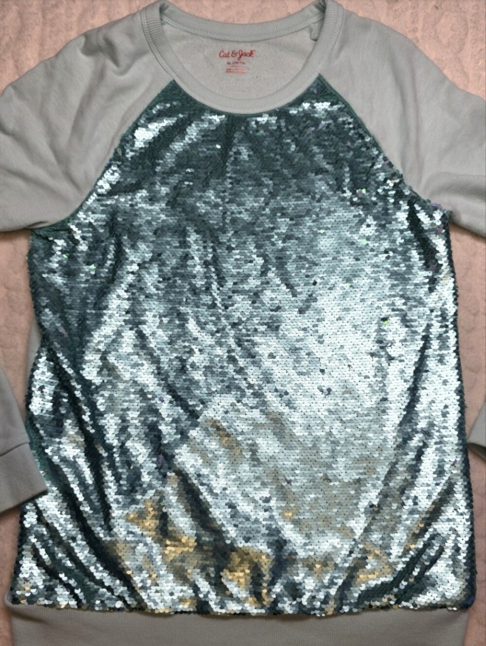 Cat & Jack Girls XL 14/16 Reversible Sequin Sweatshirt Aqua Silver
